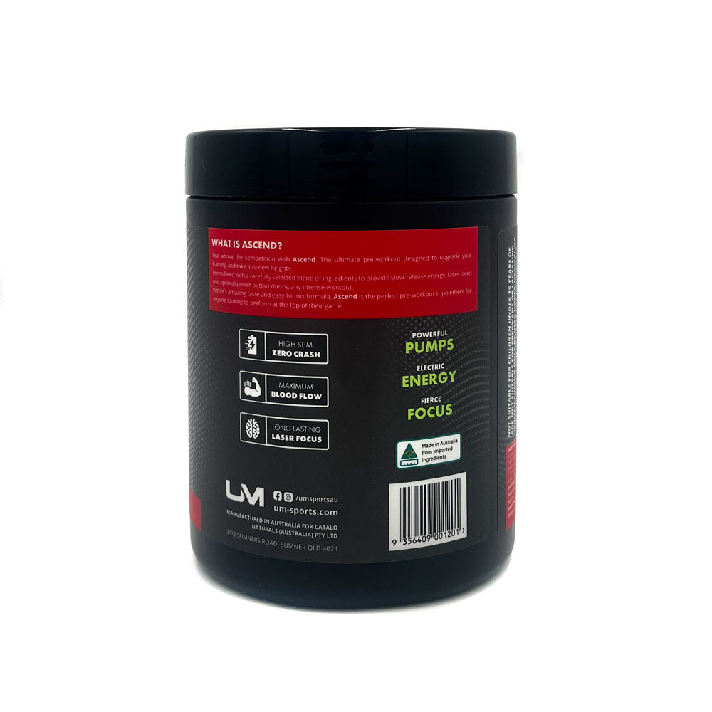 Pre-workout supplement container labeled 'Ascend' with branding on a white background by UM, previously UM Sports and Urban Muscle